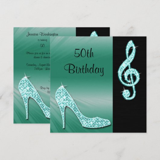 Blauwgroen Stiletto & Treble Cleft 50e verjaardag Kaart (Voorkant / Achterkant)