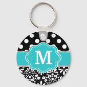 Blauwgroen Stippen Damask Monogram Sleutelhanger (Voorkant)