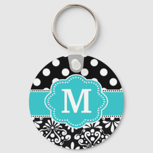 Blauwgroen Stippen Damask Monogram Sleutelhanger