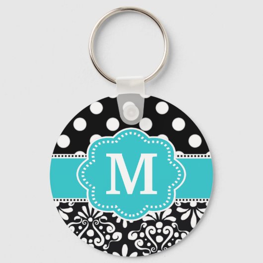 Blauwgroen Stippen Damask Monogram Sleutelhanger (Voorkant)