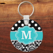 Blauwgroen Stippen Damask Monogram Sleutelhanger (Voorkant)