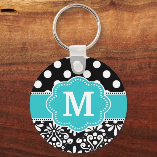 Blauwgroen Stippen Damask Monogram Sleutelhanger (Voorkant)