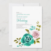 Blauwgroen Stoffig Roos Blush Bloemen Bruiloft Kaart (Voorkant)