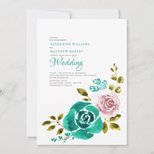 Blauwgroen Stoffig Roos Blush Bloemen Bruiloft Kaart (Voorkant)