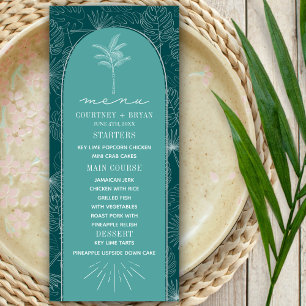 Blauwgroen strand bruiloft palmboom menu