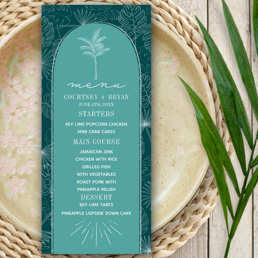 Blauwgroen strand bruiloft palmboom menu