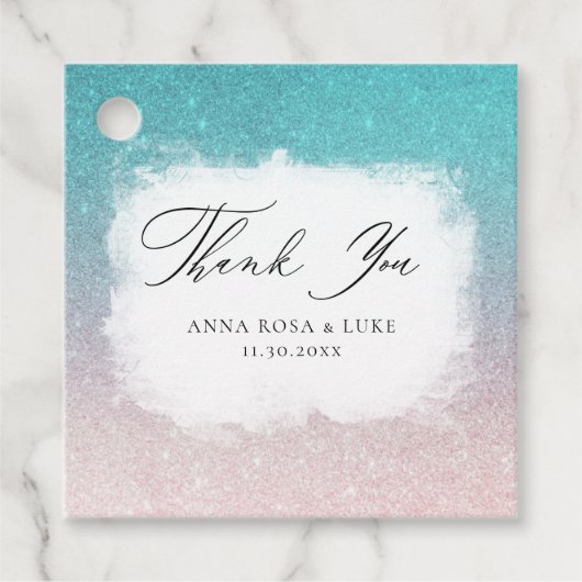 * ~* Blauwgroen strand Glitter Beach AR4 Weddensch Bedankjes Labels (Voorkant)