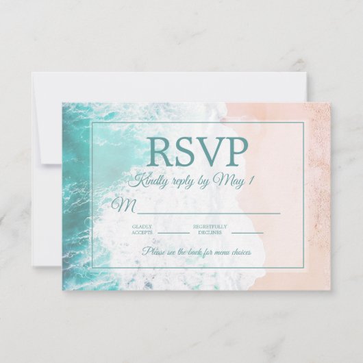 Blauwgroen strand Ocean Sand Wedding RSVP #1 (Voorkant)