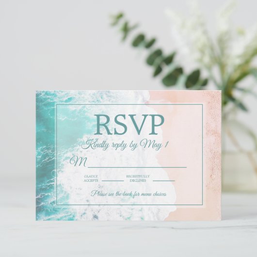 Blauwgroen strand Ocean Sand Wedding RSVP #1 (Staand voorkant)