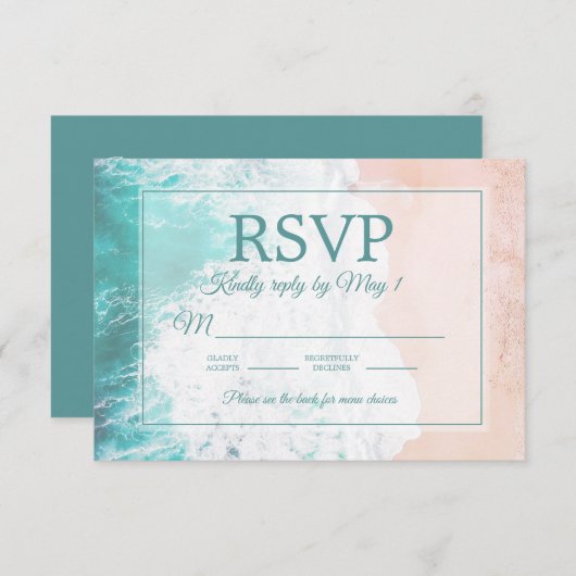 Blauwgroen strand Ocean Sand Wedding RSVP #1 (Voorkant / Achterkant)