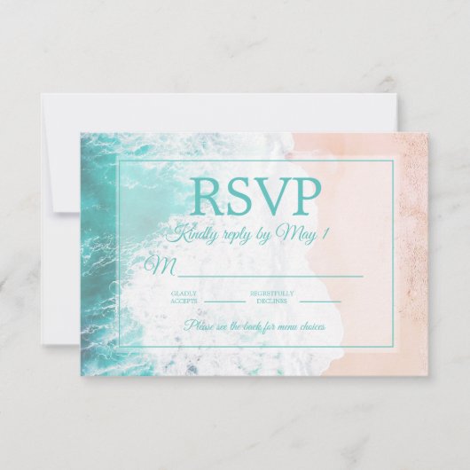 Blauwgroen strand Ocean Sand Wedding RSVP #2.2 (Voorkant)