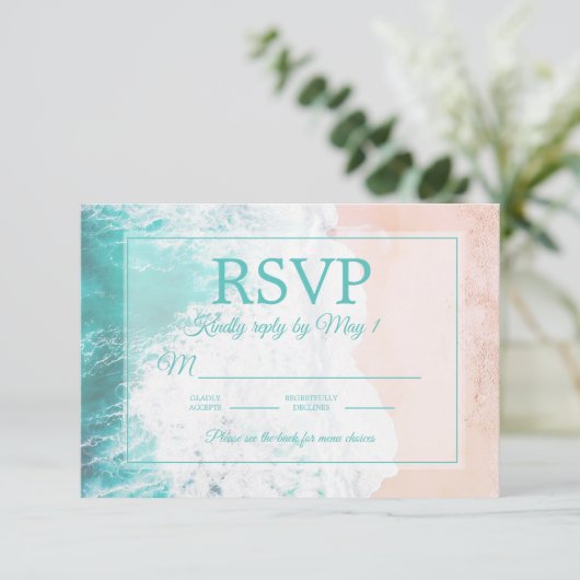 Blauwgroen strand Ocean Sand Wedding RSVP #2.2 (Staand voorkant)