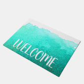 Blauwgroen strandhuis oceaan thema welkomstmat deurmat (Schuin)