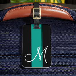 Blauwgroen streep met groot monogram bagagelabel