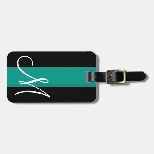 Blauwgroen streep met groot monogram bagagelabel (Voorkant horizontaal)