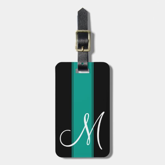 Blauwgroen streep met groot monogram bagagelabel (Voorkant verticaal)