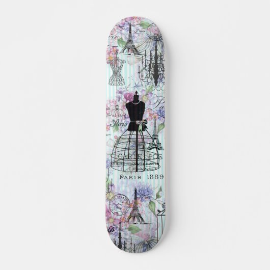  blauwgroen strepen parijs collage roze florale persoonlijk skateboard (Voorkant)