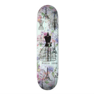 blauwgroen strepen parijs collage roze florale persoonlijk skateboard