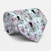 blauwgroen strepen parijs collage roze florale stropdas (Opgerold)