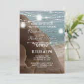 Blauwgroen String Lights Beach Engagement Party Kaart (Staand voorkant)