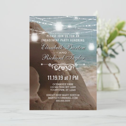 Blauwgroen String Lights Beach Engagement Party Kaart (Staand voorkant)