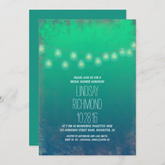 blauwgroen String Lights Bruids Douche Uitnodiging (Voorkant / Achterkant)