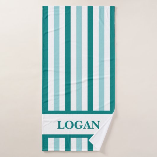Blauwgroen Stripe Badhanddoek met Aangepaste Naam (Badhanddoek)