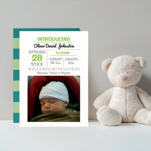 Blauwgroen Stripe Foto Baby Aankondiging