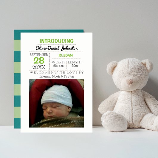 Blauwgroen Stripe Foto Baby Aankondiging