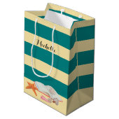Blauwgroen Stripe & Seashells - Aangepaste Gift Ba Medium Cadeauzakje (Achterkant Gekanteld)