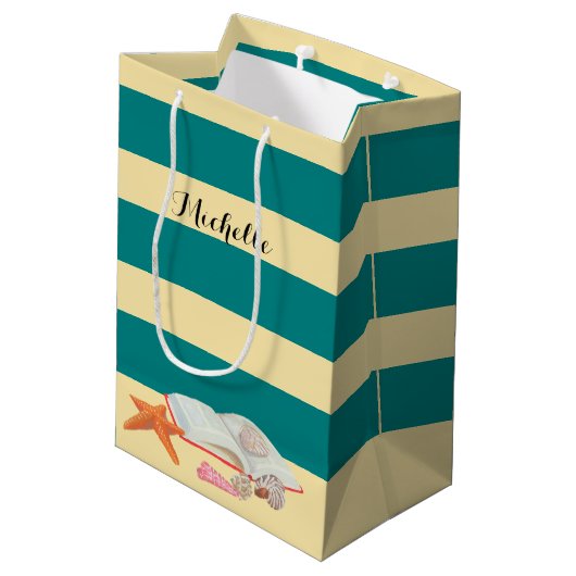 Blauwgroen Stripe & Seashells - Aangepaste Gift Ba Medium Cadeauzakje (Achterkant Gekanteld)