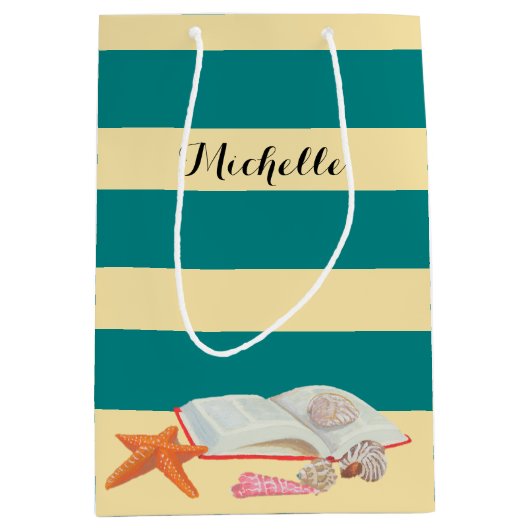 Blauwgroen Stripe & Seashells - Aangepaste Gift Ba Medium Cadeauzakje (Voorkant)