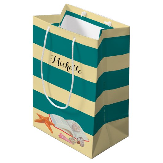 Blauwgroen Stripe & Seashells - Aangepaste Gift Ba Medium Cadeauzakje (Voorkant Gekanteld)