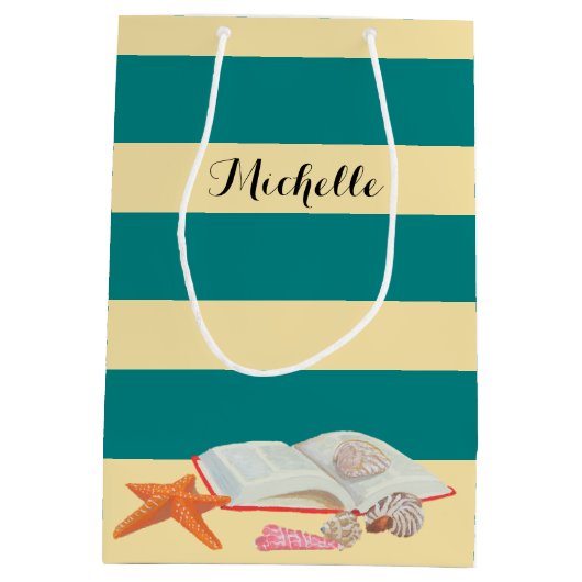 Blauwgroen Stripe & Seashells - Aangepaste Gift Ba Medium Cadeauzakje (Achterkant)