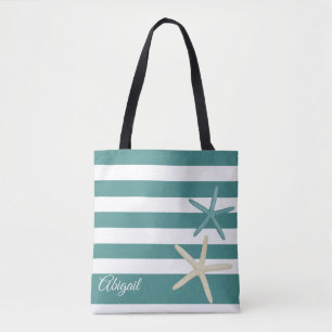 Blauwgroen Stripe Starfish Aangepaste Canvas tas