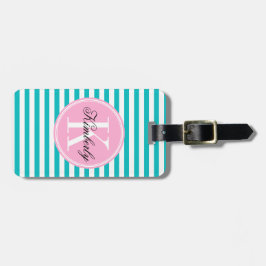 Blauwgroen strips met Bubblegumroze monogram Bagagelabel