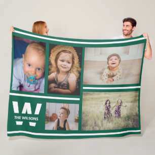 Blauwgroen strips Multiple Photos Custom Monogram Fleece Deken