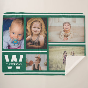 Blauwgroen strips Multiple Photos Custom Monogram Sherpa Deken