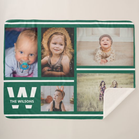 Blauwgroen strips Multiple Photos Custom Monogram Sherpa Deken (Voorkant (horizontaal))