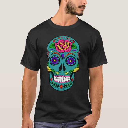Blauwgroen Suikerschedel Dia de los Muertos T-shirt (Voorkant)