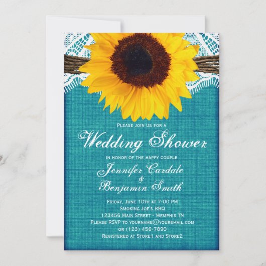Blauwgroen Sunflower Rustic Wedding Shower Invites Kaart (Voorkant)