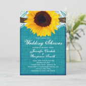 Blauwgroen Sunflower Rustic Wedding Shower Invites Kaart (Staand voorkant)