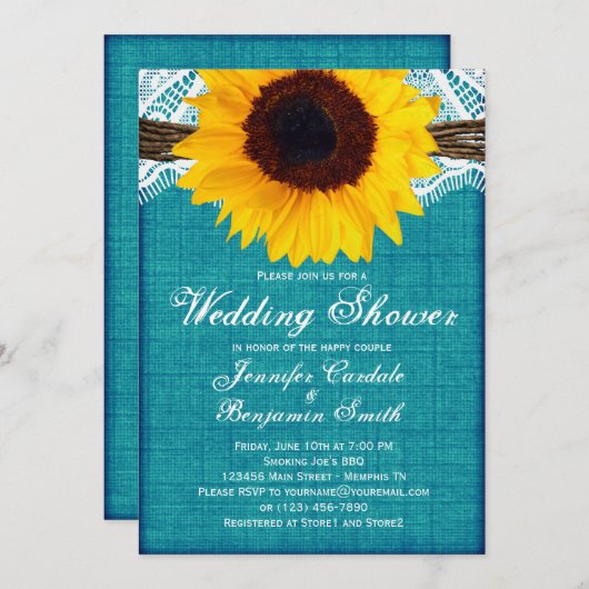Blauwgroen Sunflower Rustic Wedding Shower Invites Kaart (Voorkant / Achterkant)