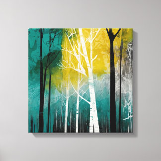 Blauwgroen Sunset Forest Waterverf Wall Art Canvas Afdruk