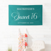 Blauwgroen Sweet 16 Verjaardag Elegant Script Spandoek (Insitu)