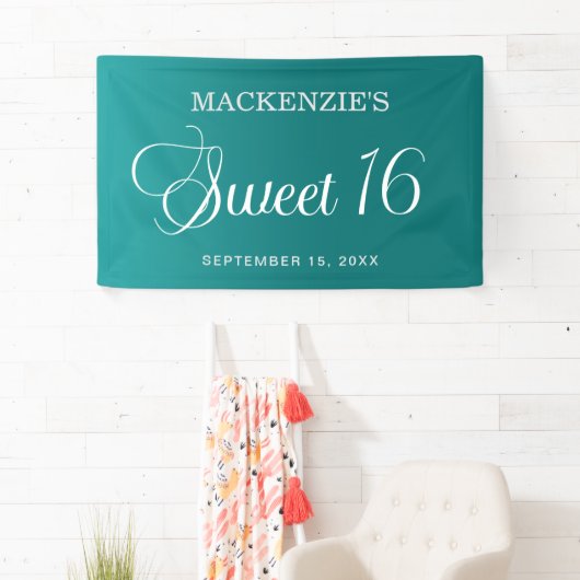 Blauwgroen Sweet 16 Verjaardag Elegant Script Spandoek (Insitu)