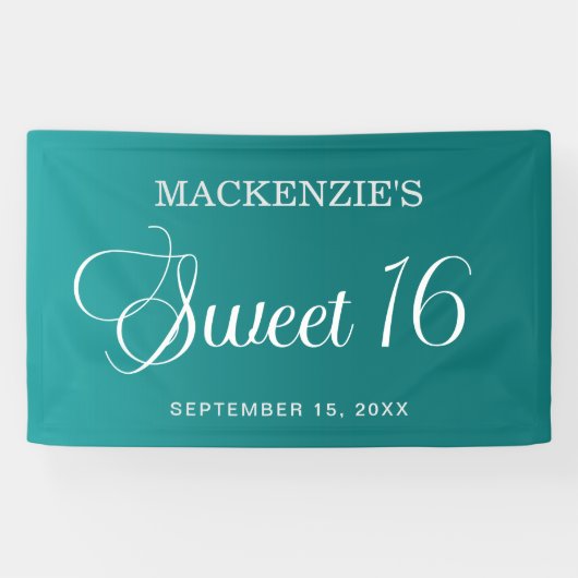 Blauwgroen Sweet 16 Verjaardag Elegant Script Spandoek (Horizontaal)
