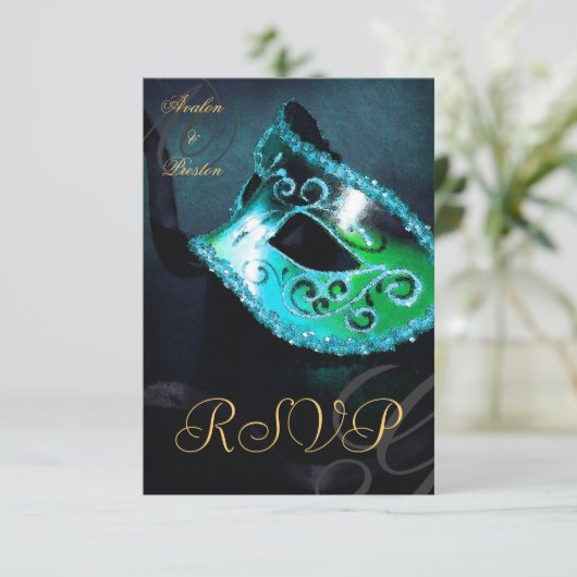 Blauwgroen Swirl Masquerade Mask RSVP Uitnodiging (Staand voorkant)