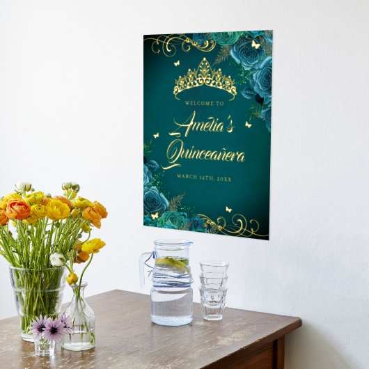 Blauwgroen Swirl Quinceanera Welkomstbord Goud Folie Afdrukken (Laag (Keuken))