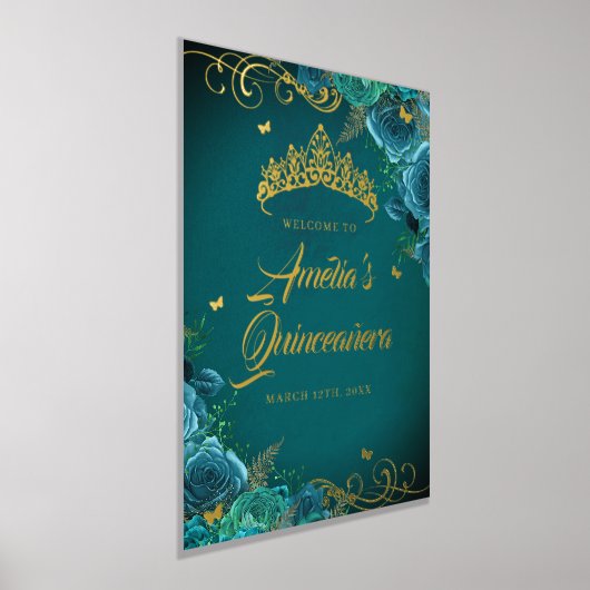 Blauwgroen Swirl Quinceanera Welkomstbord Goud Folie Afdrukken (Laagn)